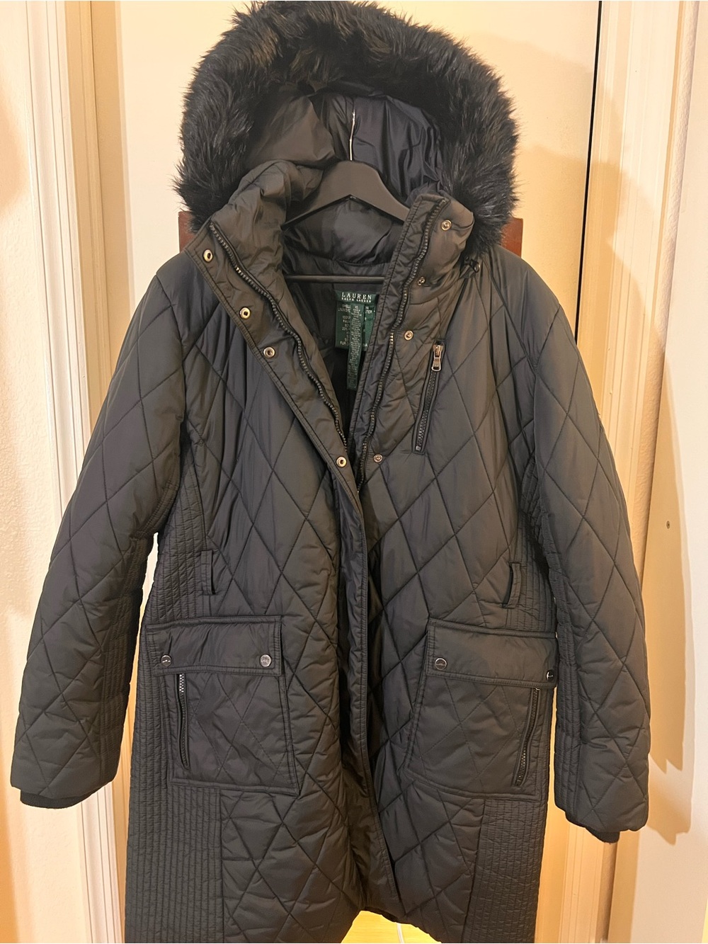Ralph Lauren Black Quilted Hooded Puffer Coat with Faux-Fur Trim